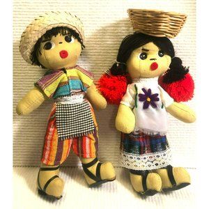 Pair of Mexican Folk Art Boy & Girl Handcrafted Cloth Dolls, Collectible